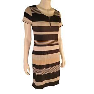 ALLISON BRITTNEY Striped Dress Medium Zipper Low-Cut Neutral Color Career Modest